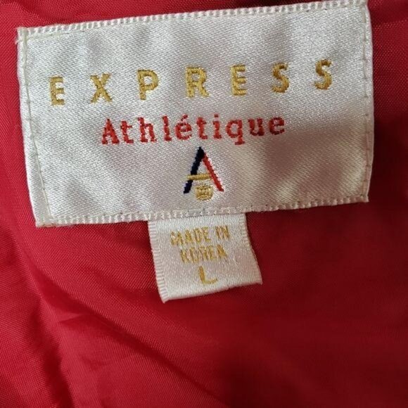 Express Athlétique Red Windbreaker Jacket With Striped Sleeves vintage style L - Picture 2 of 8